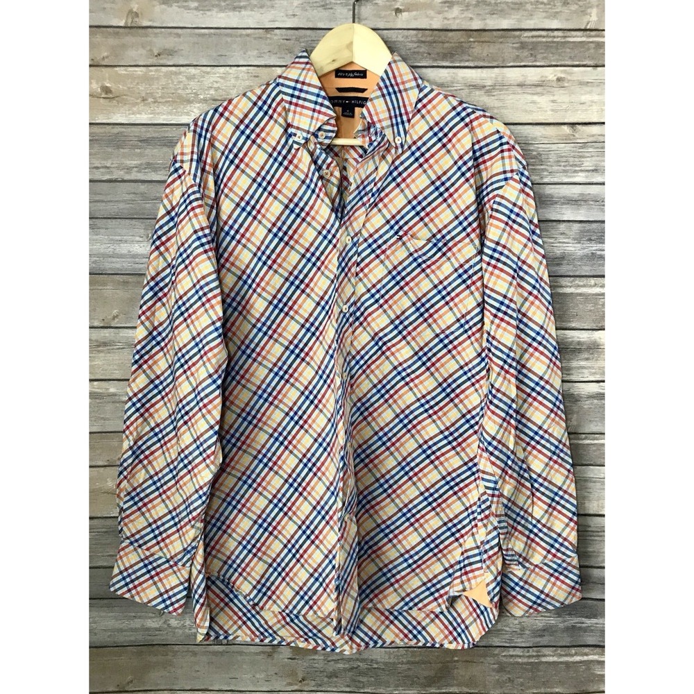 Tommy‎ Hilfiger Mens 80s 2 Ply Button Down Shirt M Long Sleeve Checkered Disco